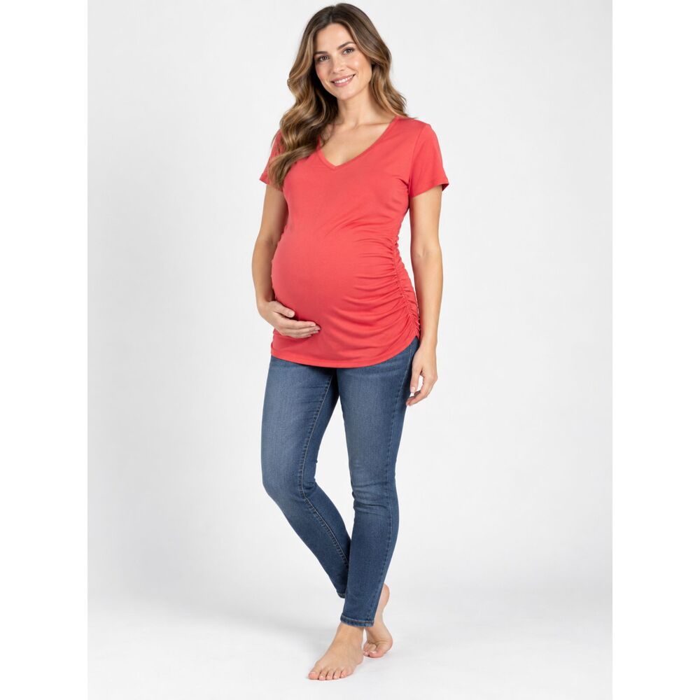 Motherhood Maternity Coral Red V Neck Ruched Short Sleeve Top Size M
